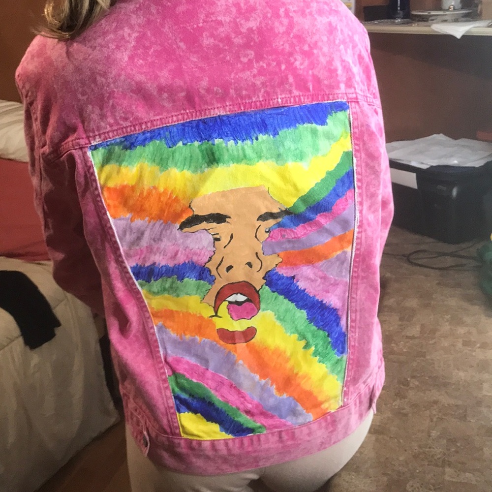 Pink jean jacket hand painted